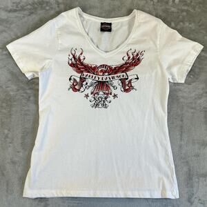 Harley-Davidson Eagle Graphic V-Neck T Shirt White Womens Large